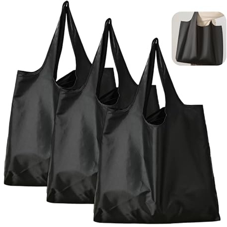 lbxtswpl Foldable Shopping Bag, 3 Pack Reusable Grocery Bags(Black) | Water Resistant Shopping Tote Bag, Washable Foldaway Shoppings Bags Foldable Eco-Friendly Shoppings for Storage