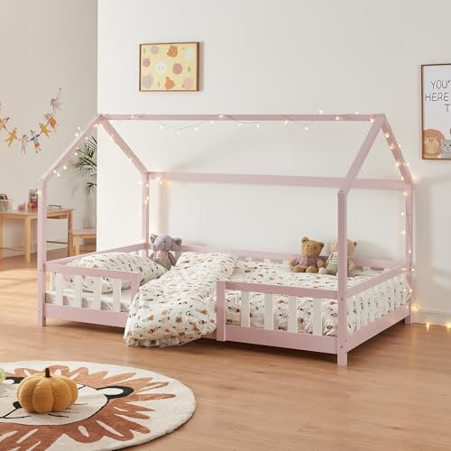 [en.casa] Letto Casetta per Cameretta Letto Francese per Bambini con Barriere di Protezione Struttura in Legno di Pino con Zona di Riposo 140x200 cm Rosa/Bianco