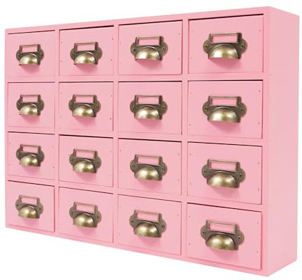 Minikommode Schubladenbox Holz Mini Kommode mit Schubladen 16 Vintage Schubladen Schrank Metall Griff Design für Aufbewahrung von Kräutern, Gewürzen, Schmuck 50 * 10 * 35cm (Rosa)