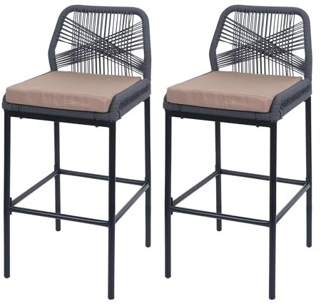 Mendler Lot de 2 tabourets de Bar Rope HWC-O21, Coussins d'extérieur en Corde tressée métal - Anthracite, Coussin Taupe