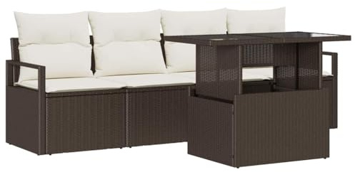 vidaXL Garten-Sofa-Set 5 pcs Braun und Creme 100 x 55 x 73 cm, Garten- und Terrassenmöbel, modernes Sofa-Set mit abnehmbaren Kissen, UV-beständiger Rattan-Lounge.