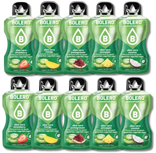 BOLERO Mix Aloe Vera - Assortiment 10 sticks de poudre sans sucre | Parfums aloe vera - 1 stick de 9 g pour 4 litres d'eau - Édulcoré à la stevia - Sans conservateur ni colorant artificiel