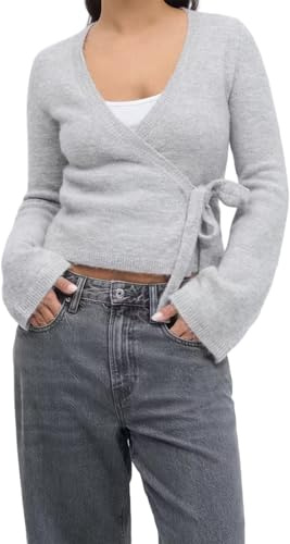 Damen-Strickjacke mit Schnürung vorne, Y2K, V-Ausschnitt, langärmelig, Strickjacke, lässiger Strickpullover, Herbst-Outfits