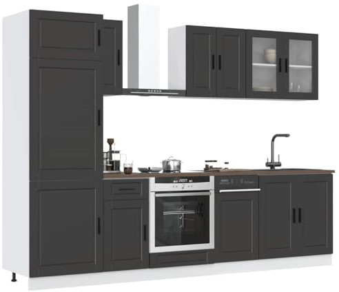 ACAGALA Küchenschrank-Set 8-TLG. Küchenblock variabel stellbar, Schwarz Holzwerkstoff, Küchenzeile Einbauküche, Küche Komplett, Unterschrank, Küchenschrank, Hängeschrank, ohne Arbeitsplatte