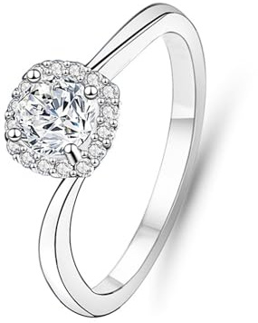 Musihy White Gold Engagement Rings for Women, 9K Twisted Halo Engagement Ring with 0.5ct Round Moissanite 5mm, Size N 1/2
