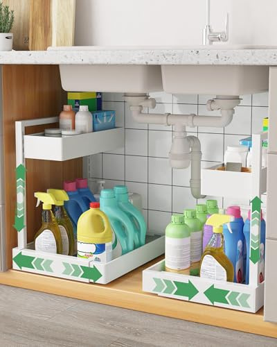 UMDONX Ausziehbarer Spülschrank Organizer,2-stöckiges Unter Waschbecken Regal,höhenverstellbar & platzsparend, für Küchenaufbewahrung unter dem Spülbecken, 2 Stück, Weiß
