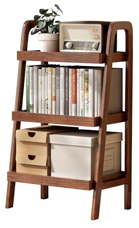 YESWOOD Solid Oak End Table with 3 Tier Storage Shelves, Walnut Finish Ladder Shelf Side Table for Bedroom Living Room, Small Bookshelf Plant Stand, FAS Red Oak Furniture