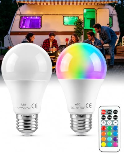 BrightWish 12V LED Glühbirne A60 E27 RGB+6000K Dimmbar DC12-85V Wohnmobil | Mit Fernbedienung und Speicherfunktion, 6W Niedervolt LED Lampe für Wohnmobil, Boot und Solaranlagen, 2er-Pack