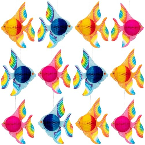 Wabenball Fisch, Hängende Deko Fische, Tropische Fische Waben Ornamente, Papier Fisch Deko für Sommerdekorationen Themenparty Hawaii Party Tropische Dekoration (12PCS)