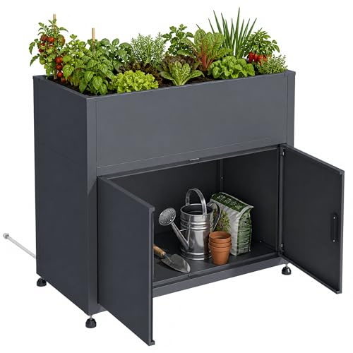 Zelsius Hochbeet verzinkter Stahl mit Stauraum 100 x 50 x 90 cm | Anthrazit RAL 7016 | Pflanzkübel, Blumenkasten, Gemüsebeet, Kräuterbeet, Blumenkübel, Pflanzkasten, Gartenschrank, Pflanztisch Balkon