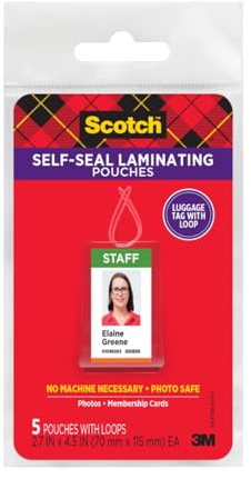 Scotch Self-Sealing Laminating Pouches for Luggage Tags, 5-Pack – Clear 12.5 mil Bag Tag Sleeves with Loops, No Laminator Needed