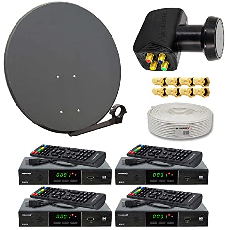 Premium X Satelliten-Komplettanlage 4 Teilnehmer 60cm Antenne Anthrazit SAT Quad LNB 50m Antennenkabel 4X HD TV Sat-Receiver