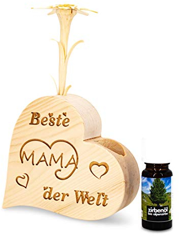 sagl.tirol holzmanufaktur Zirbenduftset Herz (Zirbenduftset Herz mit handgeschnitztem Zirben Edelweiß Beste Mama der Welt + Bio-Zirbenöl (10ml) Muttertagsgeschenk …)