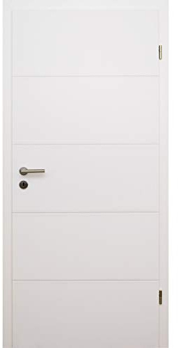 HORI Zimmertür Komplettset mit Zarge und Türdrücker I Innentür weiß lackiert mit 4 Querstreifen I Höhe 198,5 cm I Anschlag, Breite und Wandstärke wählbar - DIN rechts - 1985 x 735 x 280 mm
