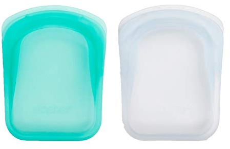 Stasher 951 Lot de 2 sacs de poche réutilisables en silicone de qualité alimentaire pour manger, stocker, organiser, voyager, 8,25 x 12,05 cm Transparent et Aqua