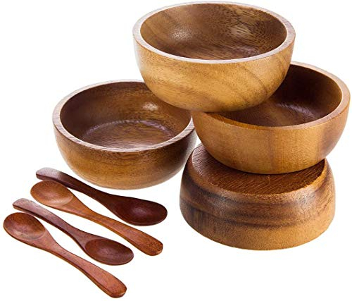 BestySuperStore Set of 4 Small Round Acacia Wooden Bowls 2¾ Inch Diameter 1½ High With Spoons - Stackable Mixing Bowl Salad Soup Snack Dip Sauce Charcuterie Wood Tableware Sets for Decor and Serving