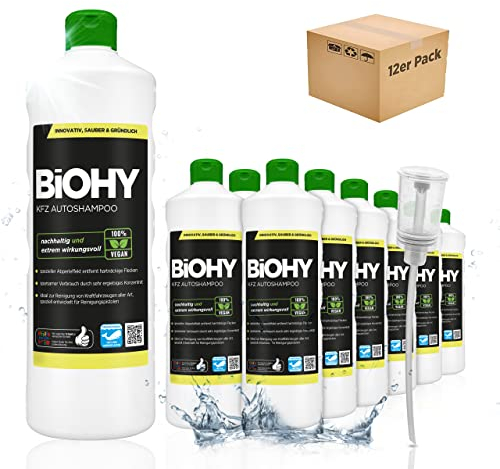 BiOHY KFZ Autoshampoo (12 x 1 Liter) + Dosierer | Bio Autoreiniger schützt Lack vor Schmutz von Außen | biologisch abbaubares Reinigungsmittel | für Hochdruckreiniger geeignet