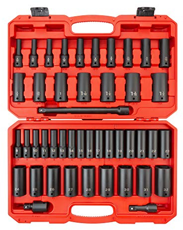 TEKTON 1/2 Inch Drive Deep 6-Point Impact Socket Set, 45-Piece (5/16-1-1/4 in., 8-32 mm) | SID92404