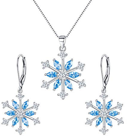 EVER FAITH Zirkonia Schneeflocke Schmuckset Sterling Silber Winter snow Weihnachten Halskette und Leverback Ohrringe Set Himmelblau