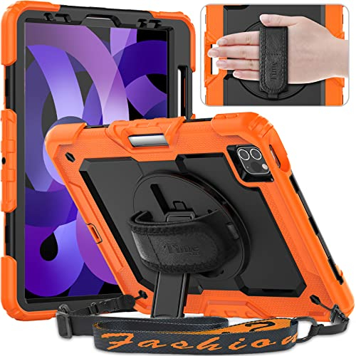 Timecity Hülle für iPad Air 5. / 4. Generation 2022/2020 10,9 Stoßfeste Displayschutz Schutzhülle mit Drehbarer Ständer -Stifthalter -Verstellbarer Handschlaufe - Schultergurt - Orange