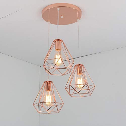 iDEGU E27 Modern Pendant Light Shade Diamond Iron Retro Rose Gold Ceiling Lamp Decoration Lighting for Bedroom, Kitchen, Living Room (Circle Bracket, 20 cm)
