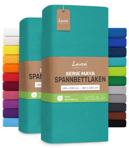 Lavea® 2er Pack Jersey Spannbettlaken 140/160x200cm – Türkis | 100% Baumwolle – Weiches Bettlaken für Matratzen bis 20 cm Höhe – Formstabil und Langlebig