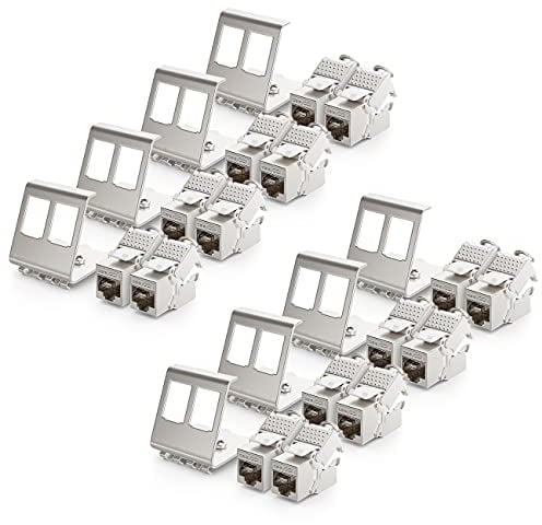deleyCON 16x CAT6a Keystone Jack Modul mit 8x 2-Port Hutschienenadapter als Set Metall STP Schirmung RJ45 Buchse 10 Gbit/s Netzwerk Snap-In Montage für 35mm Hutschienen