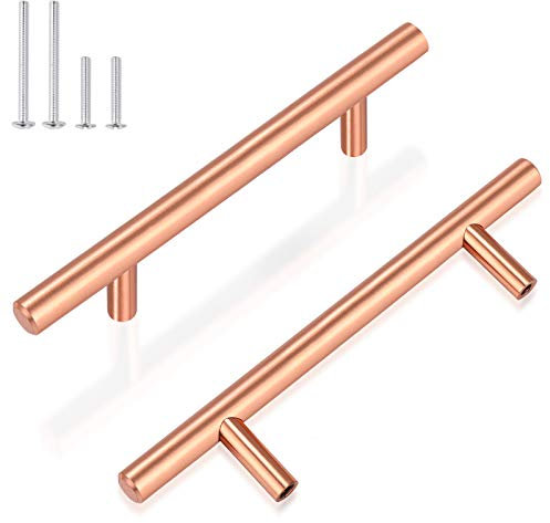 GOBEKOR 30 Pack Copper Kitchen Cabinet Pulls Rose Gold Drawer Pulls 3-1/2in Hole Center, T Bar Cabinet Handles for Dresser Drawer Stainless Steel Cabinet Hardware