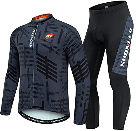 sponeed Herren Radtrikot Langarm Anzug Herbst Atmungsaktiv Fahrradshirt MTB Bike 4D Pad Pants Set M Grau Multi