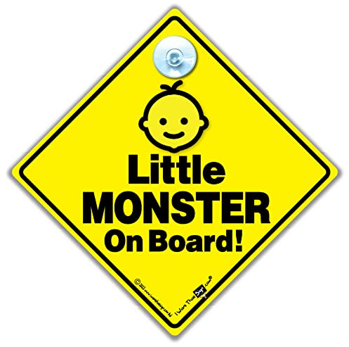 Little Monster On Board Sign, Baby Car Sign, Baby On Board Suction Cup Car Sign in Yellow and Black. Big, Bold and Designed to to Notify Other Road Users That Baby is in The Car 14 cm x 14cm x 2cm