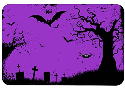 Eslifey Fußmatte für den Innenbereich, Willkommens-Fußmatte, lila Halloween-Fledermäuse, Baum, Grab, Zuhause, dekorativer Eingangsteppich, Garten/Küche/Schlafzimmer, rutschfest, Gummi, 40,6 x 61 cm