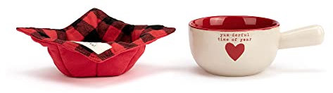 DEMDACO Yum-derful time Red and Cream 18 Ounce Stoneware Christmas Soup Crock and Bowl Cozy