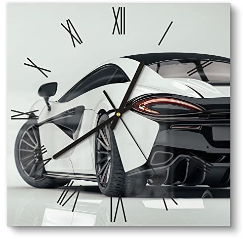 DEQORI Glasuhr | 30x30 cm | Motiv Sportliches Auto | ausgefallene leise Design Uhr aus Glas | Wanduhr für Wohnzimmer & Küche | Moderne Hingucker Uhr für die Wand