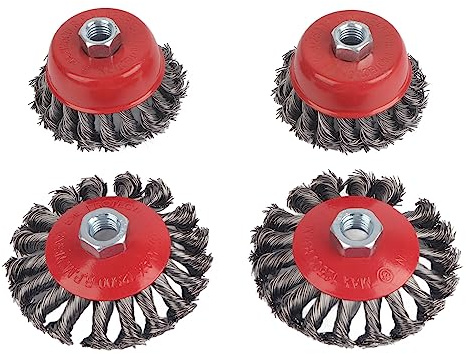 Drahtbürste für Winkelschleifer, gezopft, 75 und 100 mm | 4 Stück, Gezopfter Draht, Lackentfernung, für Schleifer, Drehwerkzeug, Topfbürste, Lackabtrag, 75 und 100 Mm