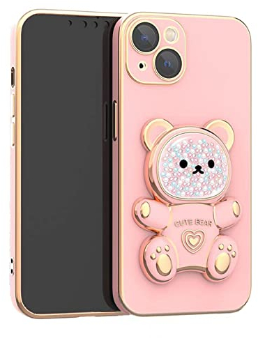 Niedlicher Bär versteckter Ständer, kompatibel mit iPhone 12, weiche TPU-Stoßstange, stoßfest, 3D-Bär-Halterung, Handyhülle mit Kameraschutz für Frauen, Mädchen - Rosa