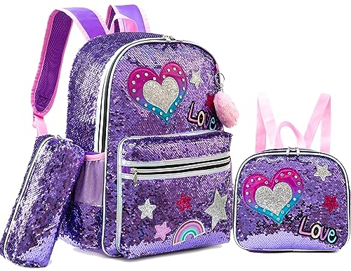 HTgroce Lila Pailletten Schulrucksack Set 3 Teilig, Schultasche ab 3. Klasse, Grundschule Ranzen, Ergonomischer Schulranzen