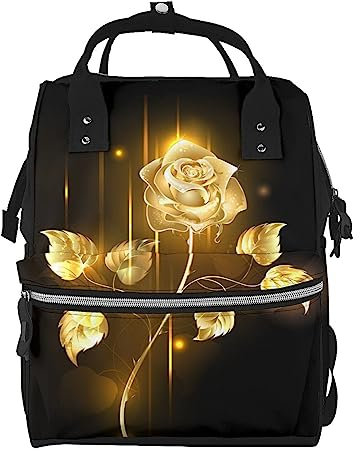 OPSREY Gold Rose Print Diaper Bag Nappy Bags Multi-Function Large Capacity Mummy Backpack For Travel, Black, One Size
