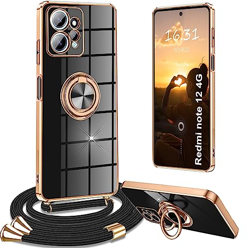 Coque Yutwo pour Redmi Note 12 4G avec Cordon et Collier, Housse 360° Voiture de Bague Magnétique Étui Noir