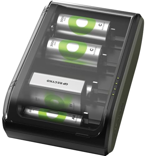GP ReCyko Universal USB Batterie Ladegerät, Akku Ladegerät für alle Handelsüblichen AA, AAA, C, D, 9V Akkus, Robustes Kassetten-Design