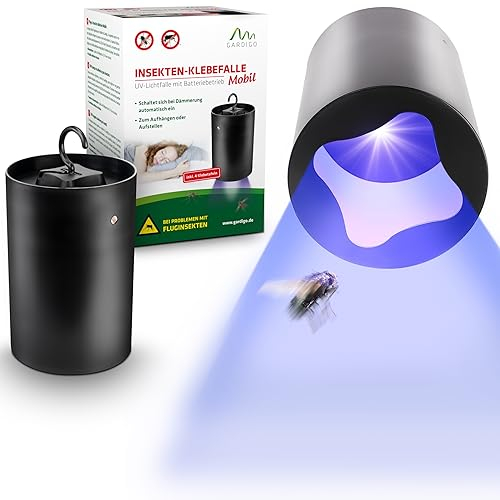 GARDIGO® 2 Trampas para Mosquitos con Pegatinas Antimosquitos y Luz UV | Lámpara Antimosquitos Exterior e Interior Funciona con pilas | Tiras adhesivas reemplazables | Aparato Antimosquitos mata mosco