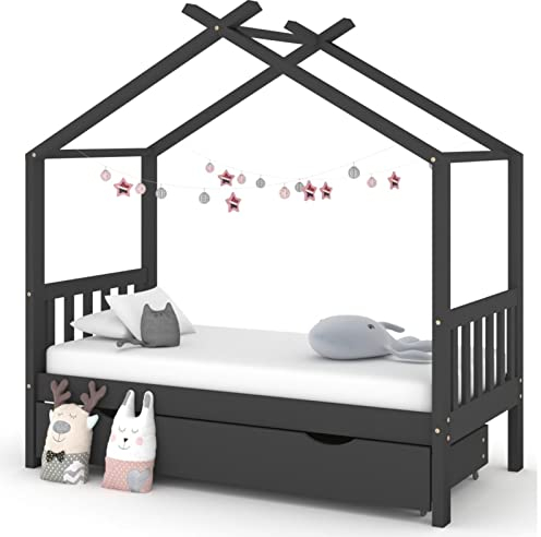 SECOLI hausbett 80x160 Kinderbett mit Schublade stauraumbett 70x140 für Jungen & Mädchen Kinder Haus Bett aus Kiefer Holz Jugendbett Massivholz-Dunkelgrau-2-80 x 160 cm