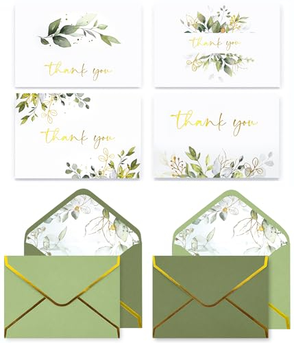 VEEYOL 100 Dankeskarten mit Goldfolie Eukalyptus mit Umschlägen, grüne Dankeskarten für Hochzeit, Babyparty, Abschlussfeier, Braut, Geschäft, Jahrestag