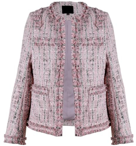 Leyoutx Damen Kragenloser Plaid Tweed Blazer Elegant Open Front Fransen Casual Business Glitzer Jacke, Pink, XXL