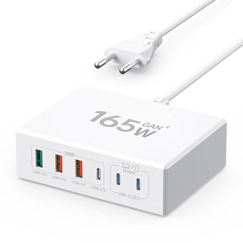Cargador USB C de 6 Puertos, Fuente de alimentación USB C de 165W, Cargador múltiple con Cargador rápido, Adaptador de Corriente USB PD 3.0 para iPhone/iPad/Samsung/Portátil/Tableta