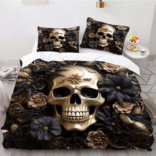 CYSYLQW Totenkopf Bettwäsche 135x200 Skull Schädel Muster Gothic Totenkopf Bettbezug Set Weiche Microfaser Skull Rosen Bettbezug mit Kissenbezug (135 x 200 cm,5)