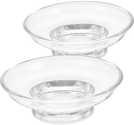 Cabilock 2pcs Clear Glass Soap Dish, Round Transparent Soap Holder, Bathroom Kitchen Sink Self-draining Design Universal Plate Replacement for Jewelry, Trinkets
