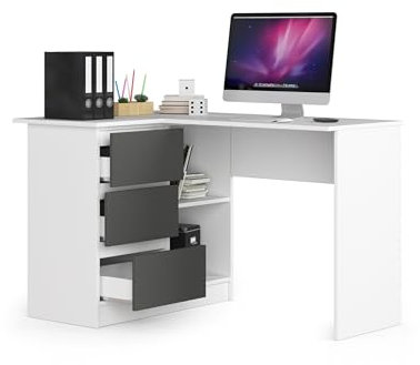 Eckschreibtisch Weiß/grau Links, 3 Schubladen rechts und 2 Regale, viel Platz zum Entfalten. Perfekt für Jugendzimmer, Büros und Ateliers.