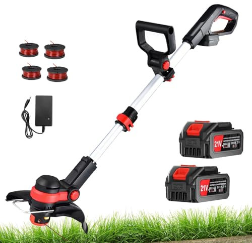 Strimmer Cordless, Battery Strimmer Electric-Powered Cordless Garden Strimmer, 21V(2 x 4.0A battery and fast charger) 24cm Cutting Width, Grass Strimmer Retractable, Suitable for Garden Lawn