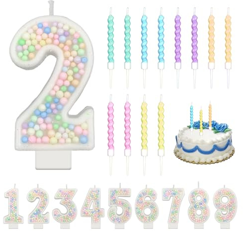 Macaron Zahlenkerzen, Pastell Geburtstagskerzen mit 12 Spiralkerzen Mädchen | Bunte Perlen-Zahlenkerzen (2), 12 rußfreie Spiralkerzen, pastell, ideal für Mädchenkuchen, Jahrestag & Muffin Topper