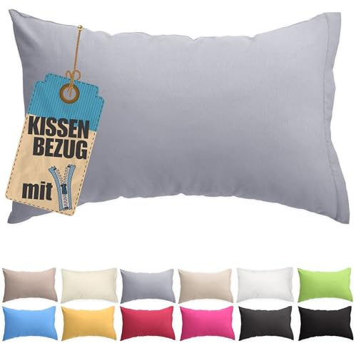 Kissenbezug 60x80 cm Grau Baumwolle - Reißverschluss verdeckt | Kissenhülle einfarbig, waschbar, atmungsaktive Baumwoll-Mischgewebe (85% BW, 15% Poly), Kopfkissenbezug, viele Variante